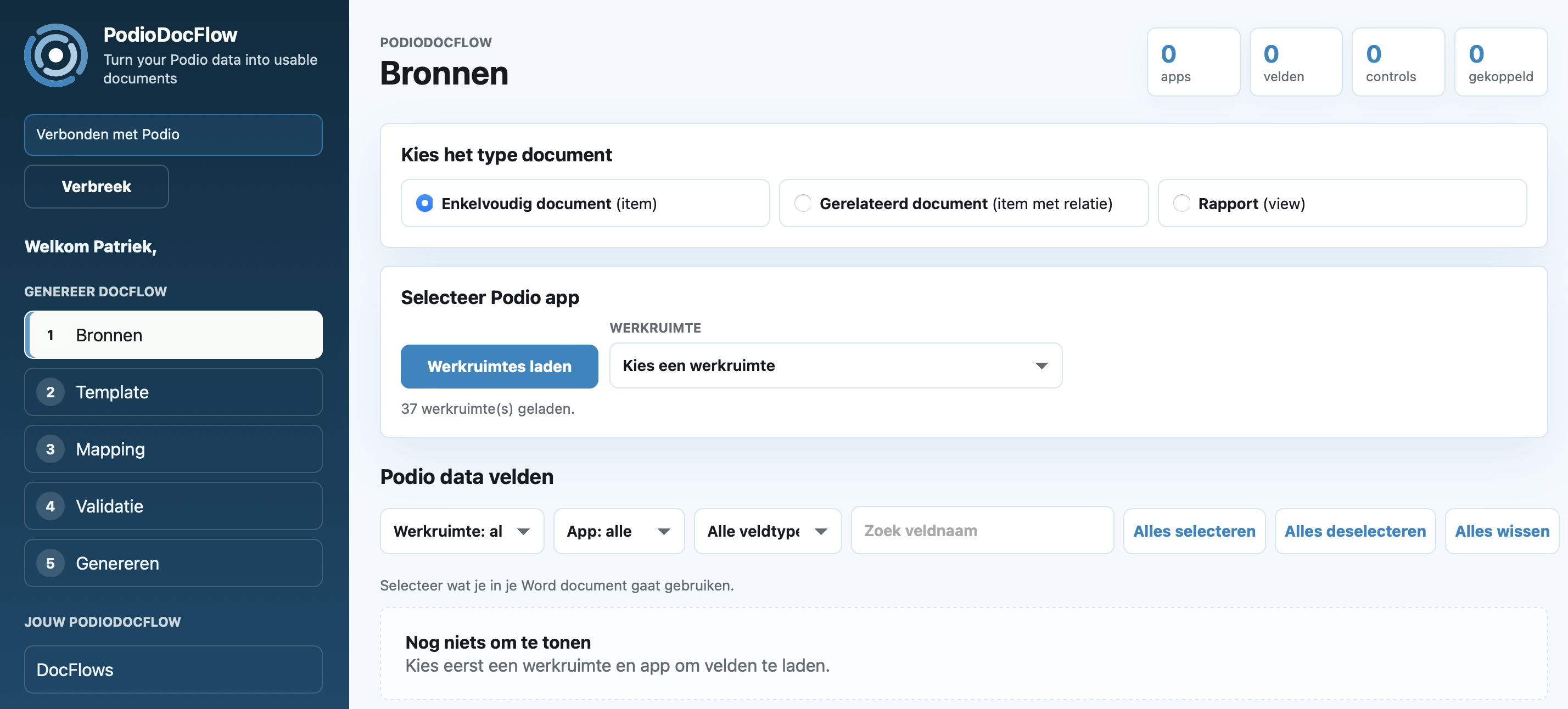 PodioDocFlow scherm Bronnen met Podio workspace selectie en documenttype keuze