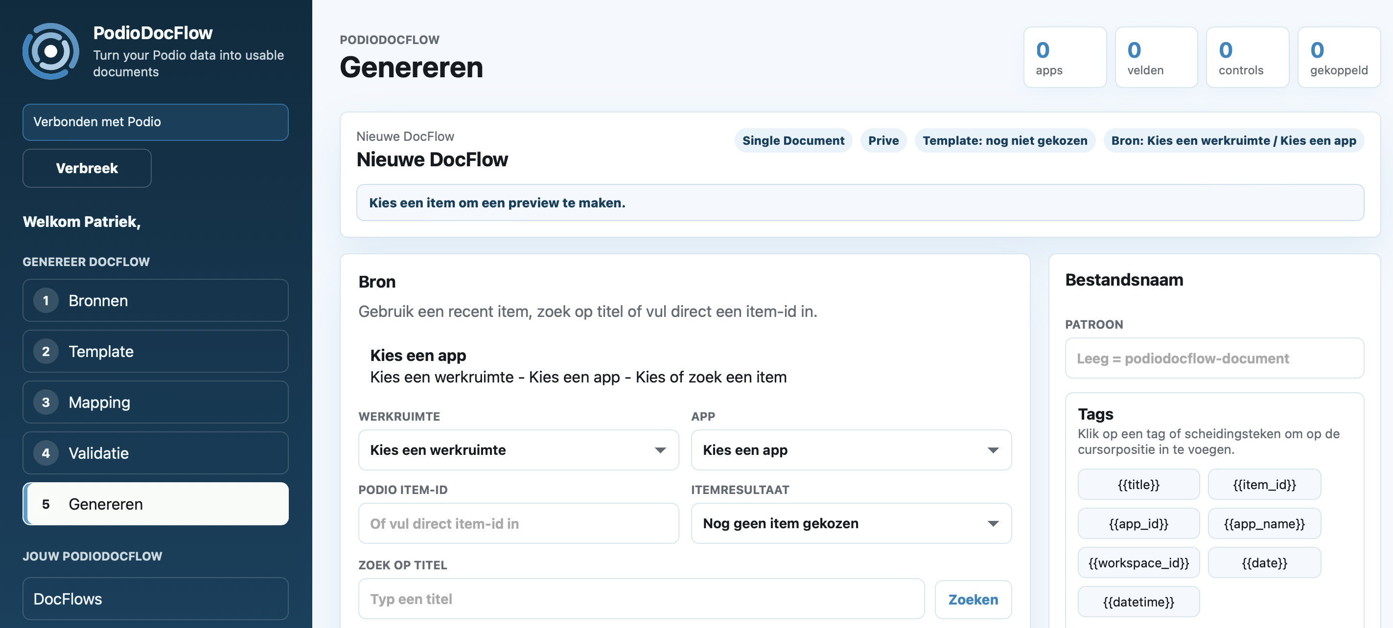 Genereren scherm van PodioDocFlow