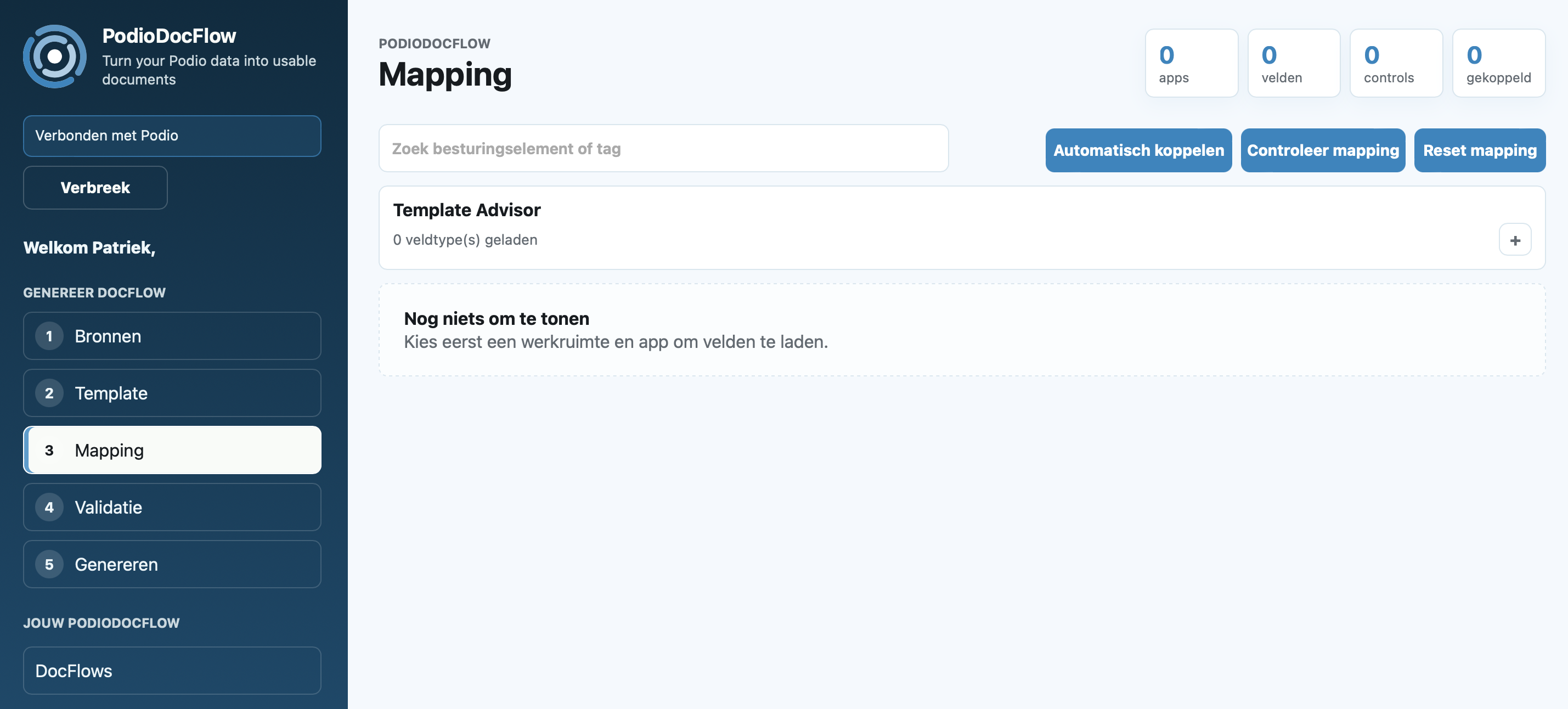 Mapping scherm van PodioDocFlow
