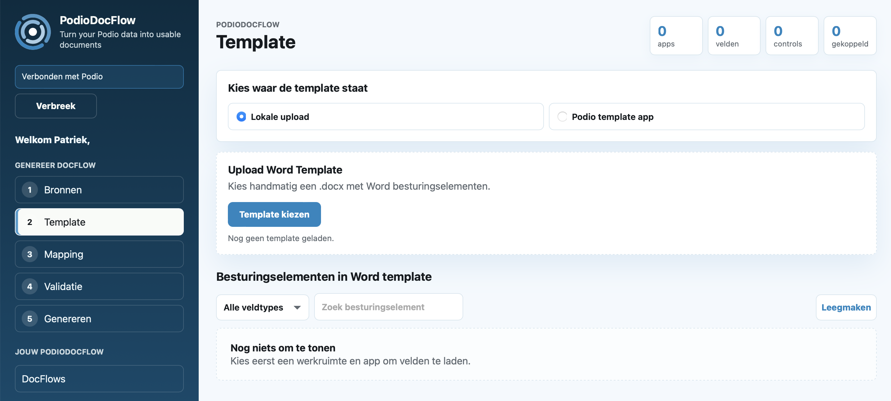 Template scherm van PodioDocFlow